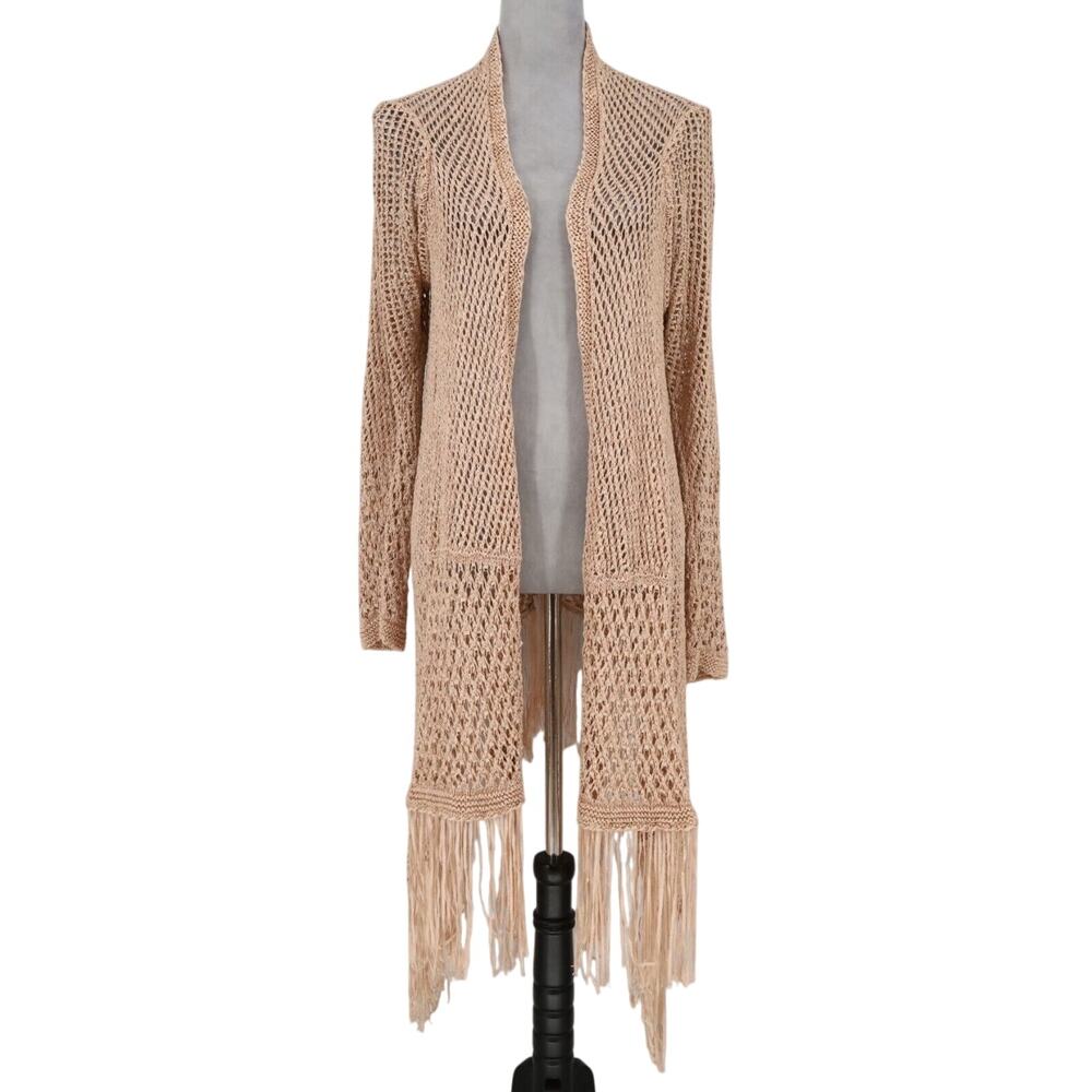 Chicos Sweater 2 Womens Large Beige Pink Open Knit Long Duster Fringe Coastal